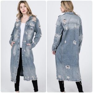 KOSMIOS Destructed Light Wash Denim Duster Jacket Size L